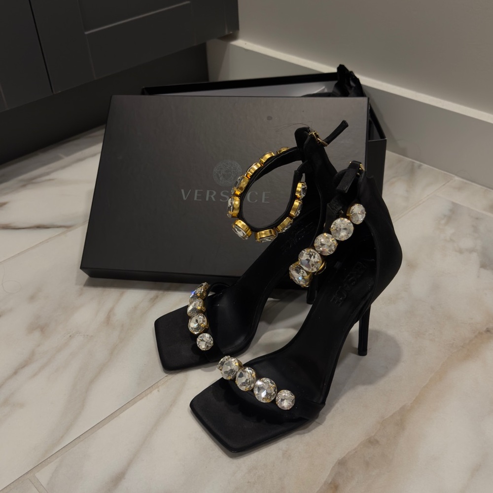 Versace Black Satin Crystal Women's Heels